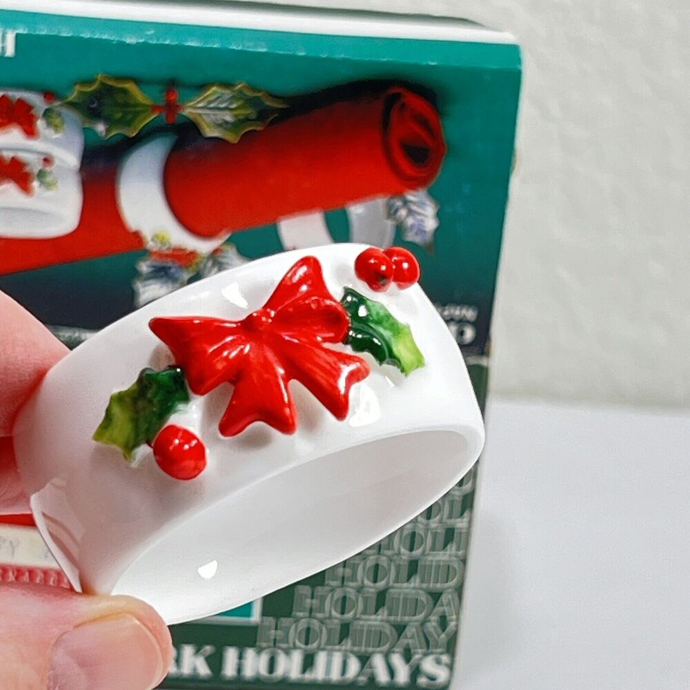 Vintage Napkin Rings - Ceramic - Christmas / Holiday - Red Holly and Bow